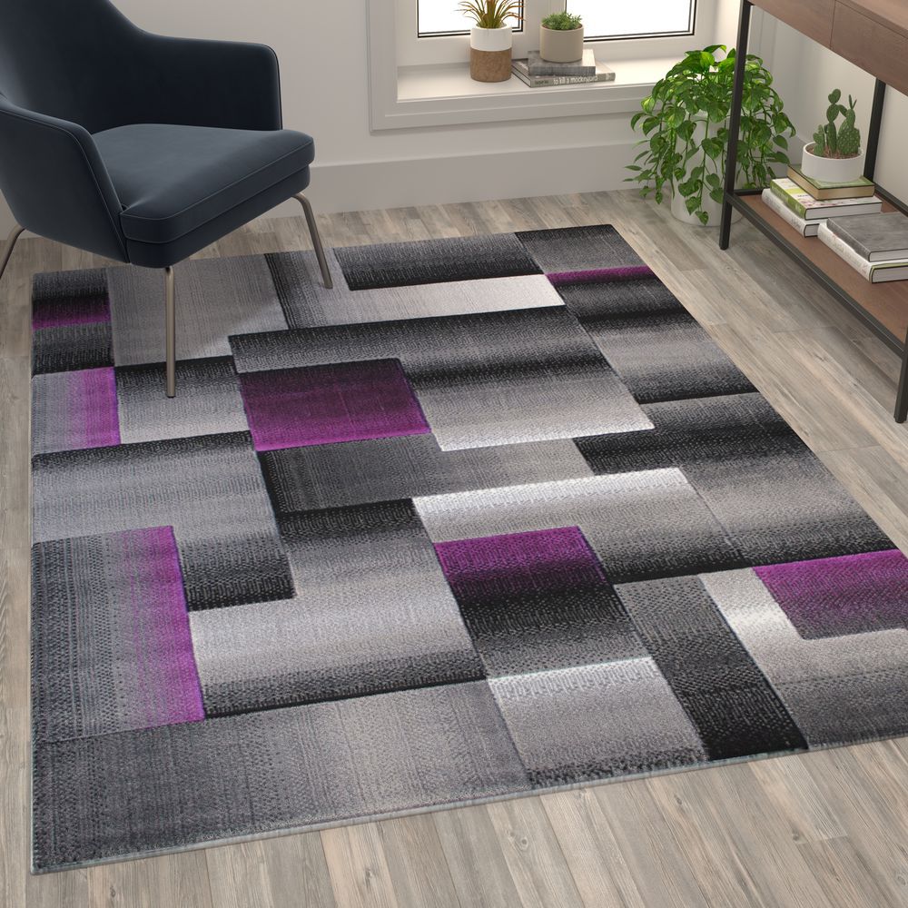 ACD-RGTRZ861-57-PU-GG 5 x 7 ft. Elio Color Blocked Olefin Area Rug with Jute Backing for Entryway, Living Room or Bedroom - Purple -  Flash Furniture