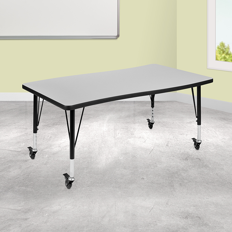 Picture of Flash Furniture XU-A3048-CON-GY-T-P-CAS-GG 28 x 47.5 in. Mobile Rectangular Wave Flexible Collaborative Laminate Activity Table with Height Adjustable Short Legs, Grey