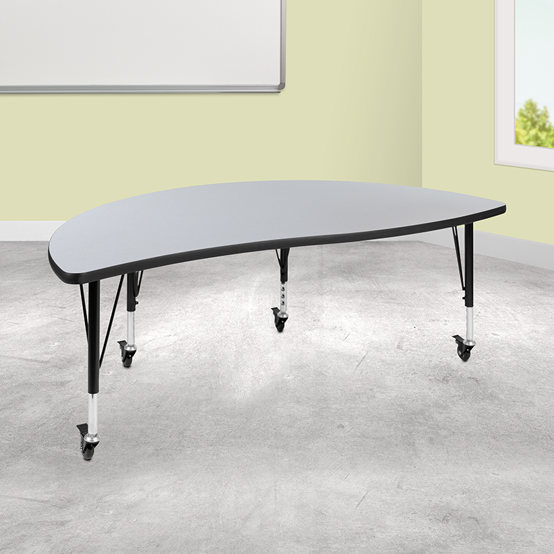 Picture of Flash Furniture XU-A60-HCIRC-GY-T-P-CAS-GG 60 in. Mobile Half Circle Wave Flexible Collaborative Thermal Laminate Activity Table with Height Adjustable Short Legs, Grey