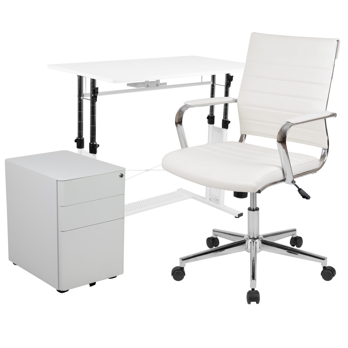 Picture of Flash Furniture BLN-NAN219CHP595M-WH-GG Work From Home Kit - White Adjustable Computer Desk&#44; Leather Soft Office Chair & Side Handle Locking Mobile Filing Cabinet