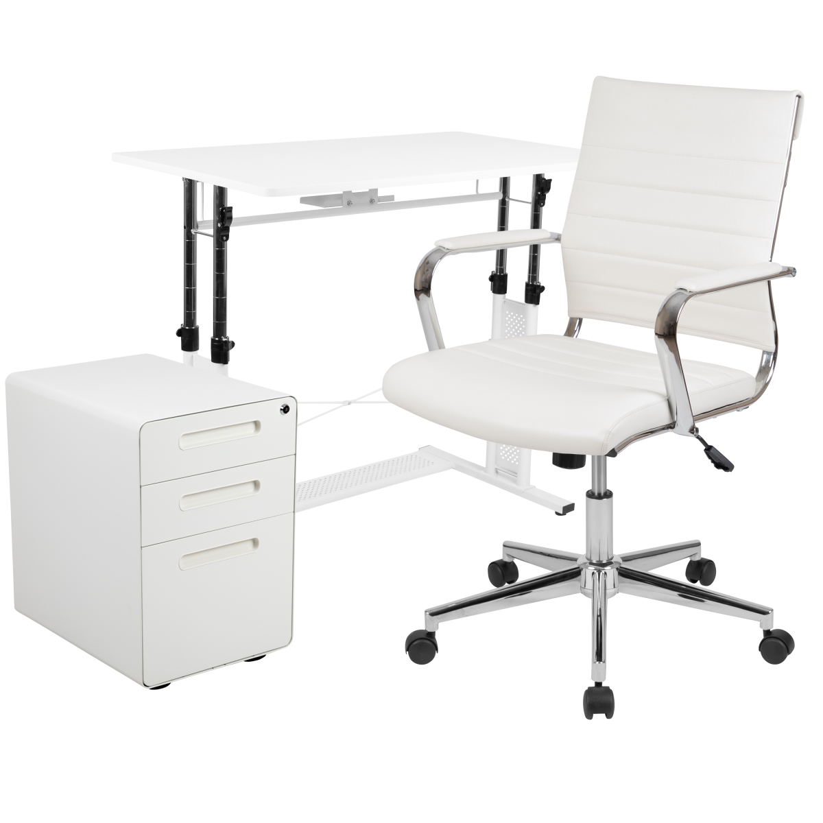 Picture of Flash Furniture BLN-NAN219AP595M-WH-GG Work From Home Kit - White Adjustable Computer Desk&#44; Leather Soft Office Chair & Inset Handle Locking Mobile Filing Cabinet