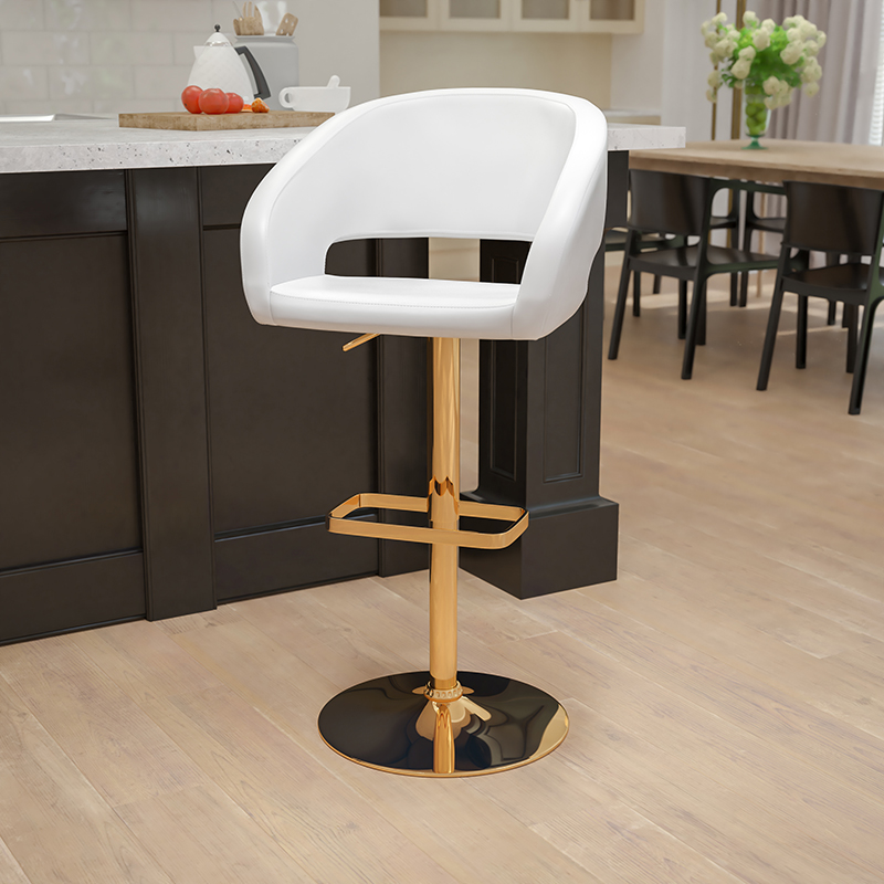 Picture of Flash Furniture CH-122070-WH-G-GG Contemporary Vinyl Adjustable Height Barstool with Rounded Mid-Back & Gold Base&#44; White