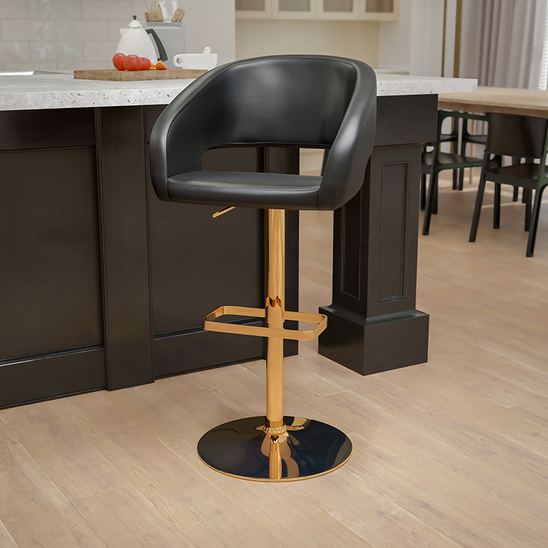 Picture of Flash Furniture CH-122070-BK-G-GG Contemporary Vinyl Adjustable Height Barstool with Rounded Mid-Back & Gold Base&#44; Black