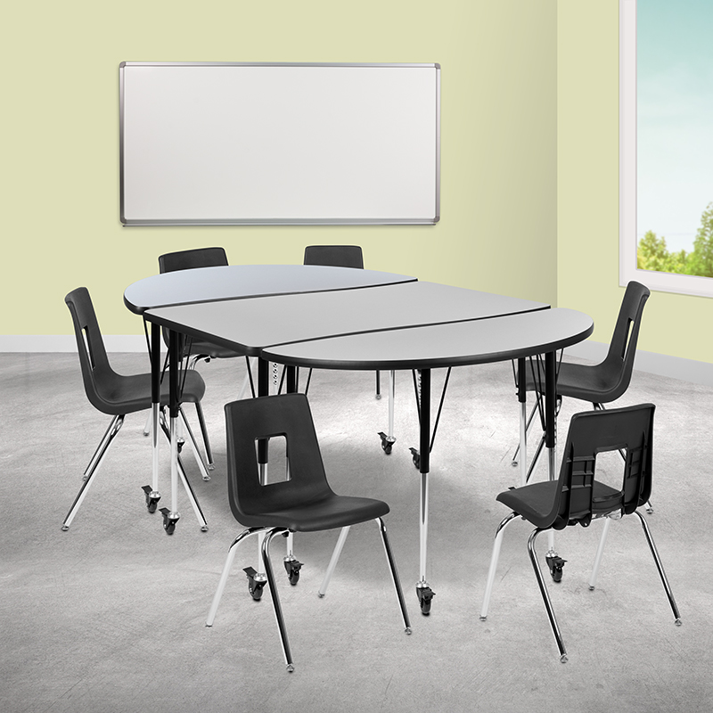 Picture of Flash Furniture XU-GRP-18CH-A3048CON-48-GY-T-A-CAS-GG 76 in. Mobile Oval Wave Flexible Laminate Activity Table Set with 18 in. Student Stack Chairs&#44; Grey & Black