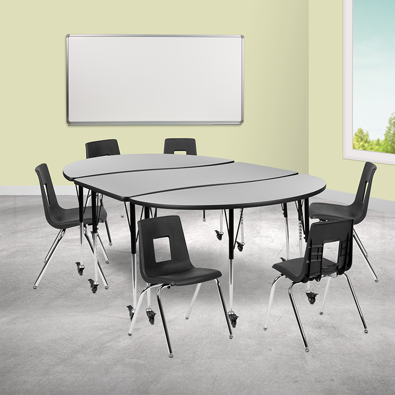 Picture of Flash Furniture XU-GRP-18CH-A3060CON-60-GY-T-A-CAS-GG 86 in. Mobile Oval Wave Flexible Laminate Activity Table Set with 18 in. Student Stack Chairs&#44; Grey & Black