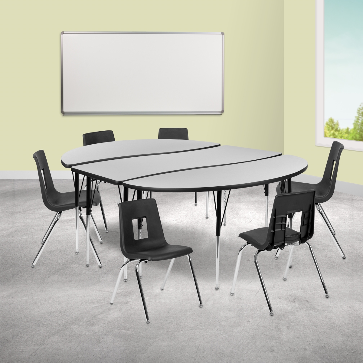 Picture of Flash Furniture XU-GRP-18CH-A3060CON-60-GY-T-A-GG 86 in. Oval Wave Flexible Laminate Activity Table Set with 18 in. Student Stack Chairs&#44; Grey & Black