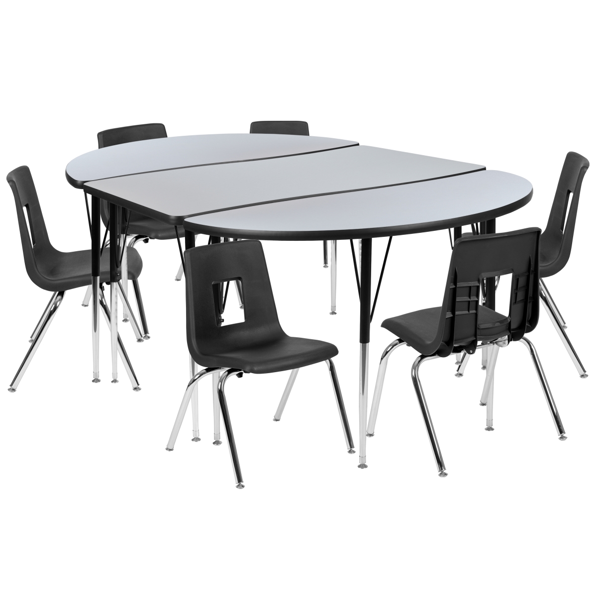 XU-GRP-16CH-A3048CON-48-GY-T-A-GG 76 in. Oval Wave Flexible Laminate Activity Table Set with 16 in. Student Stack Chairs, Grey & Black