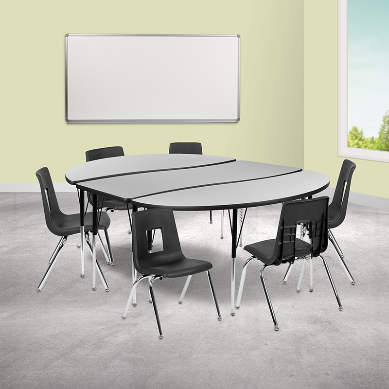 Picture of Flash Furniture XU-GRP-16CH-A3060CON-60-GY-T-A-GG 86 in. Oval Wave Flexible Laminate Activity Table Set with 16 in. Student Stack Chairs&#44; Grey & Black