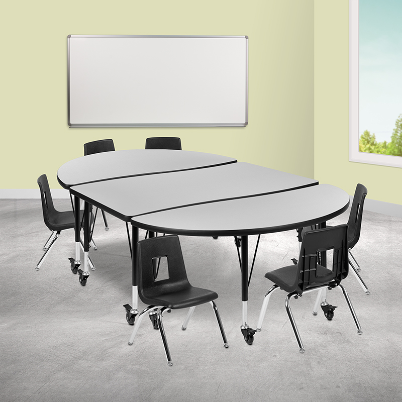 Picture of Flash Furniture XU-GRP-14CH-A3048CON-48-GY-T-P-CAS-GG 76 in. Mobile Oval Wave Flexible Laminate Activity Table Set with 14 in. Student Stack Chairs&#44; Grey & Black