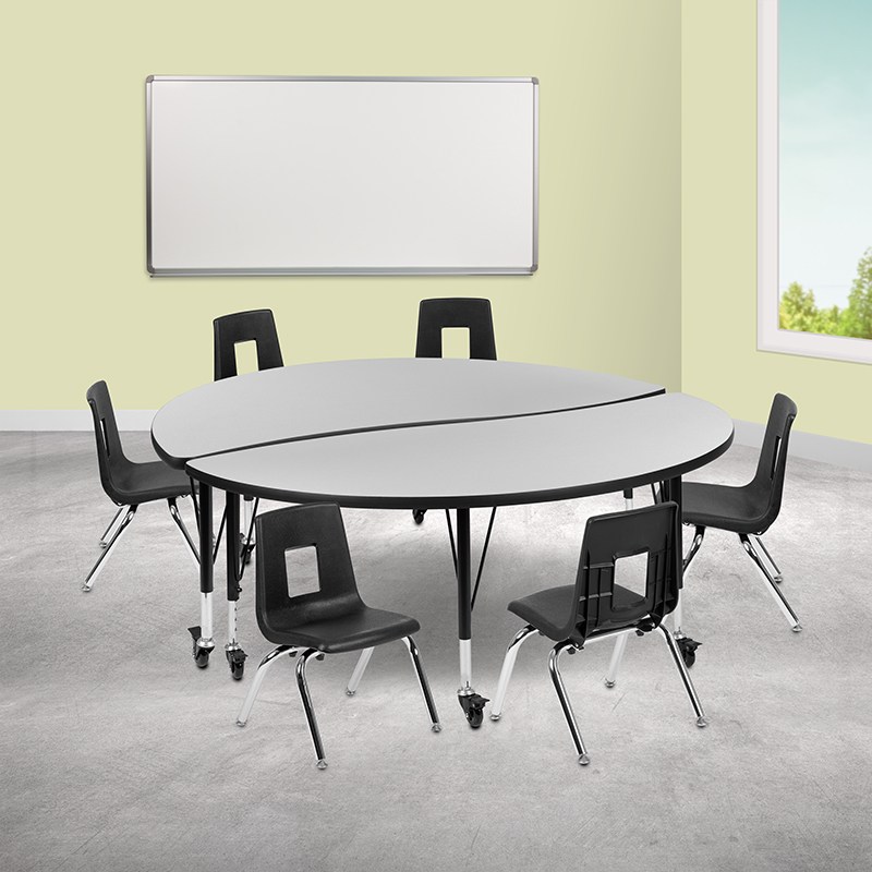 Picture of Flash Furniture XU-GRP-14CH-A60-HCIRC-GY-T-P-CAS-GG 60 in. Mobile Circle Wave Flexible Laminate Activity Table Set with 14 in. Student Stack Chairs&#44; Grey & Black