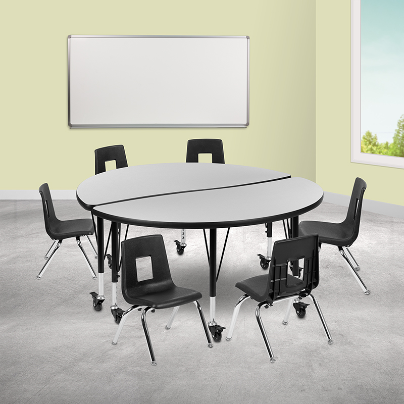 Picture of Flash Furniture XU-GRP-12CH-A48-HCIRC-GY-T-P-CAS-GG 47.5 in. Mobile Circle Wave Flexible Laminate Activity Table Set with 12 in. Student Stack Chairs&#44; Grey & Black