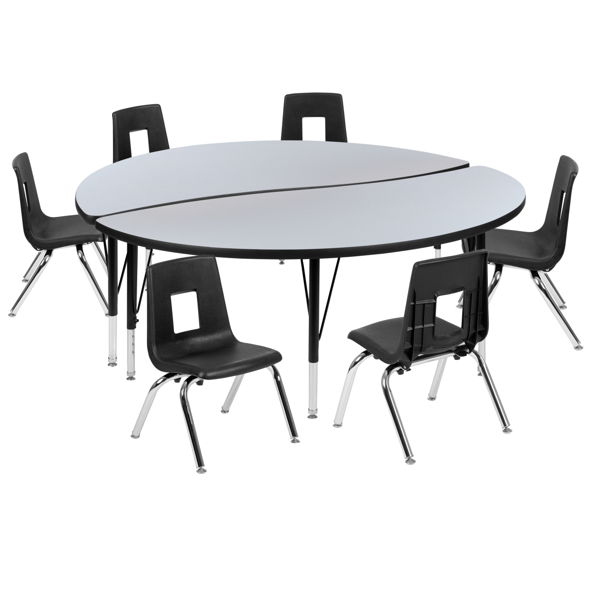 XU-GRP-14CH-A60-HCIRC-GY-T-P-GG 60 in. Circle Wave Flexible Laminate Activity Table Set with 14 in. Student Stack Chairs, Grey & Black