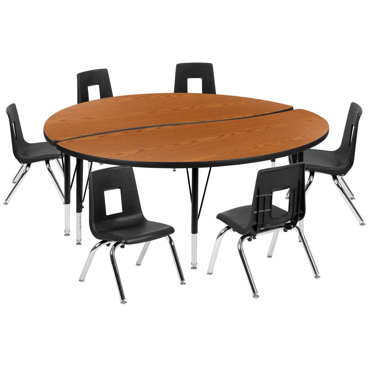 XU-GRP-14CH-A60-HCIRC-OAK-T-P-GG 60 in. Circle Wave Flexible Laminate Activity Table Set with 14 in. Student Stack Chairs, Oak & Black -  Flash Furniture