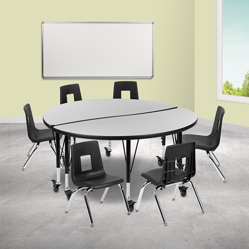 Picture of Flash Furniture XU-GRP-14CH-A48-HCIRC-GY-T-P-CAS-GG 47.5 in. Mobile Circle Wave Flexible Laminate Activity Table Set with 14 in. Student Stack Chairs&#44; Grey & Black