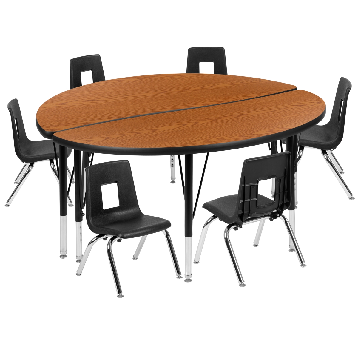 XU-GRP-14CH-A48-HCIRC-OAK-T-P-GG 47.5 in. Circle Wave Flexible Laminate Activity Table Set with 14 in. Student Stack Chairs, Oak & Black
