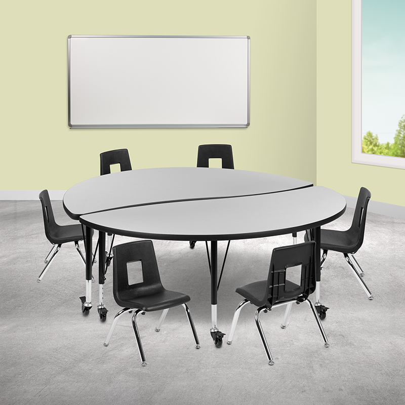 Picture of Flash Furniture XU-GRP-12CH-A60-HCIRC-GY-T-P-CAS-GG 60 in. Mobile Circle Wave Flexible Laminate Activity Table Set with 12 in. Student Stack Chairs&#44; Grey & Black