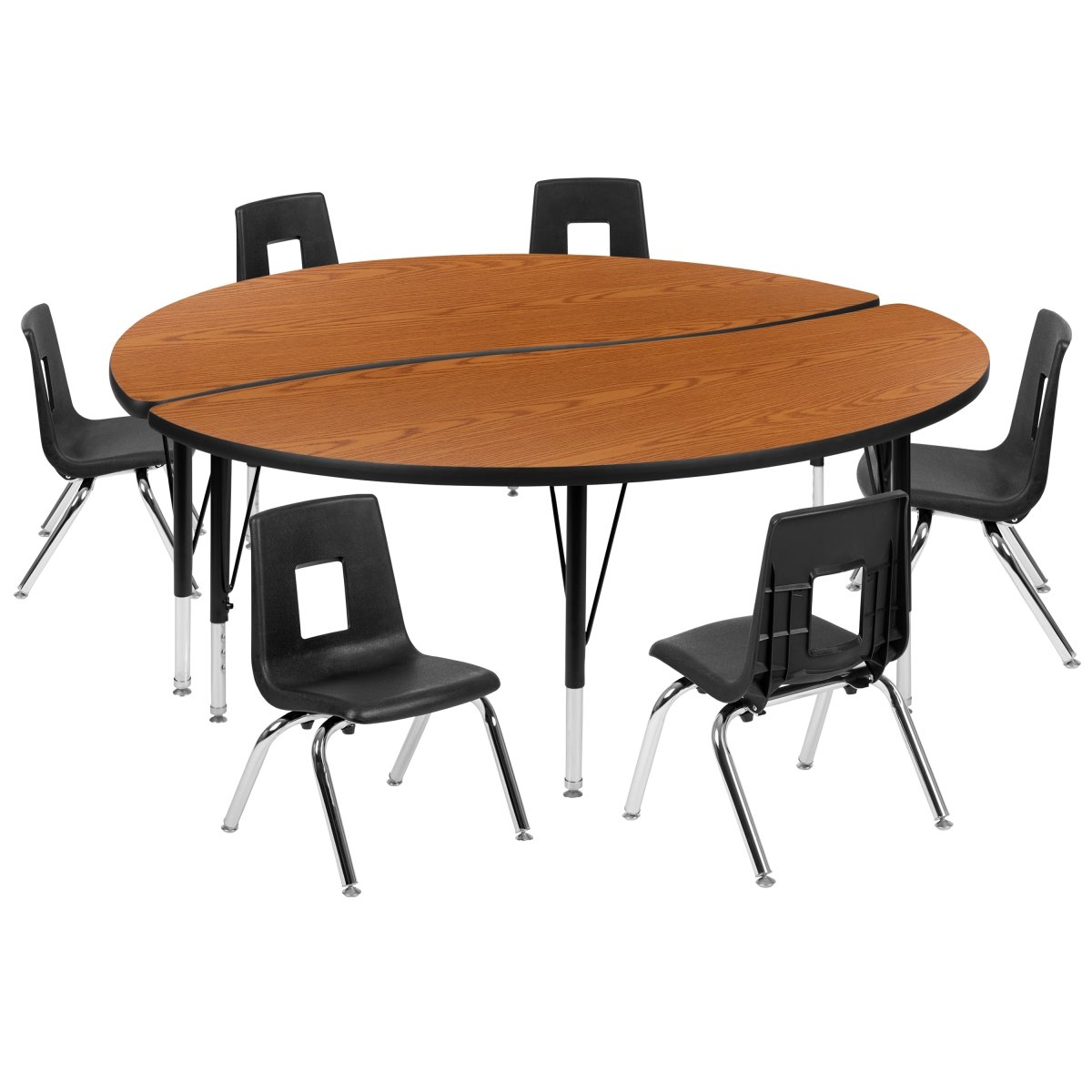 XU-GRP-12CH-A60-HCIRC-OAK-T-P-GG 60 in. Circle Wave Flexible Laminate Activity Table Set with 12 in. Student Stack Chairs, Oak & Black -  Flash Furniture