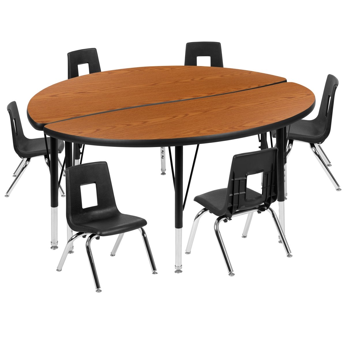 XU-GRP-12CH-A48-HCIRC-OAK-T-P-GG 47.5 in. Circle Wave Flexible Laminate Activity Table Set with 12 in. Student Stack Chairs, Oak & Black -  Flash Furniture