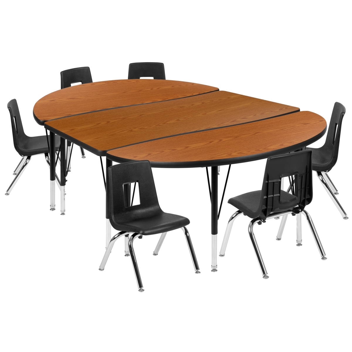XU-GRP-14CH-A3048CON-48-OAK-T-P-GG 76 in. Oval Wave Flexible Laminate Activity Table Set with 14 in. Student Stack Chairs, Oak & Black