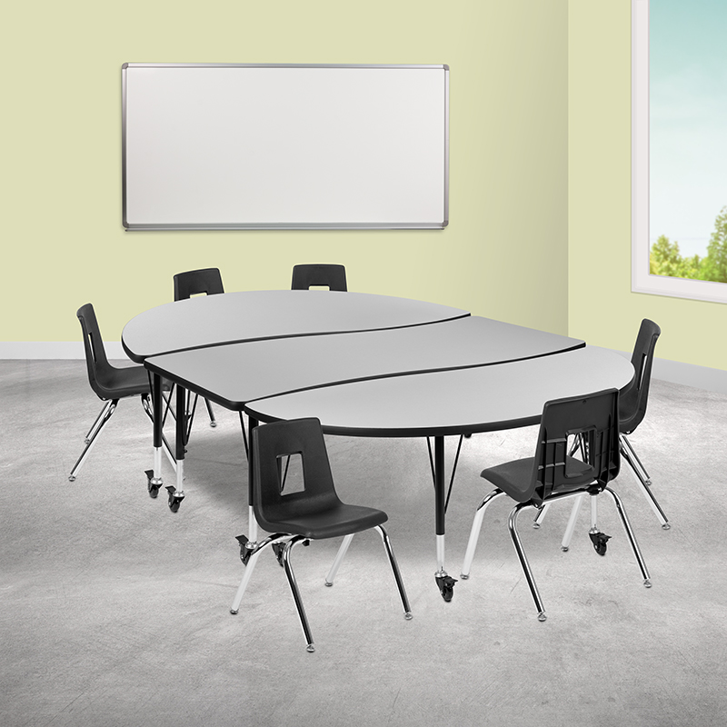 Picture of Flash Furniture XU-GRP-14CH-A3060CON-60-GY-T-P-CAS-GG 86 in. Mobile Oval Wave Flexible Laminate Activity Table Set with 14 in. Student Stack Chairs&#44; Grey & Black