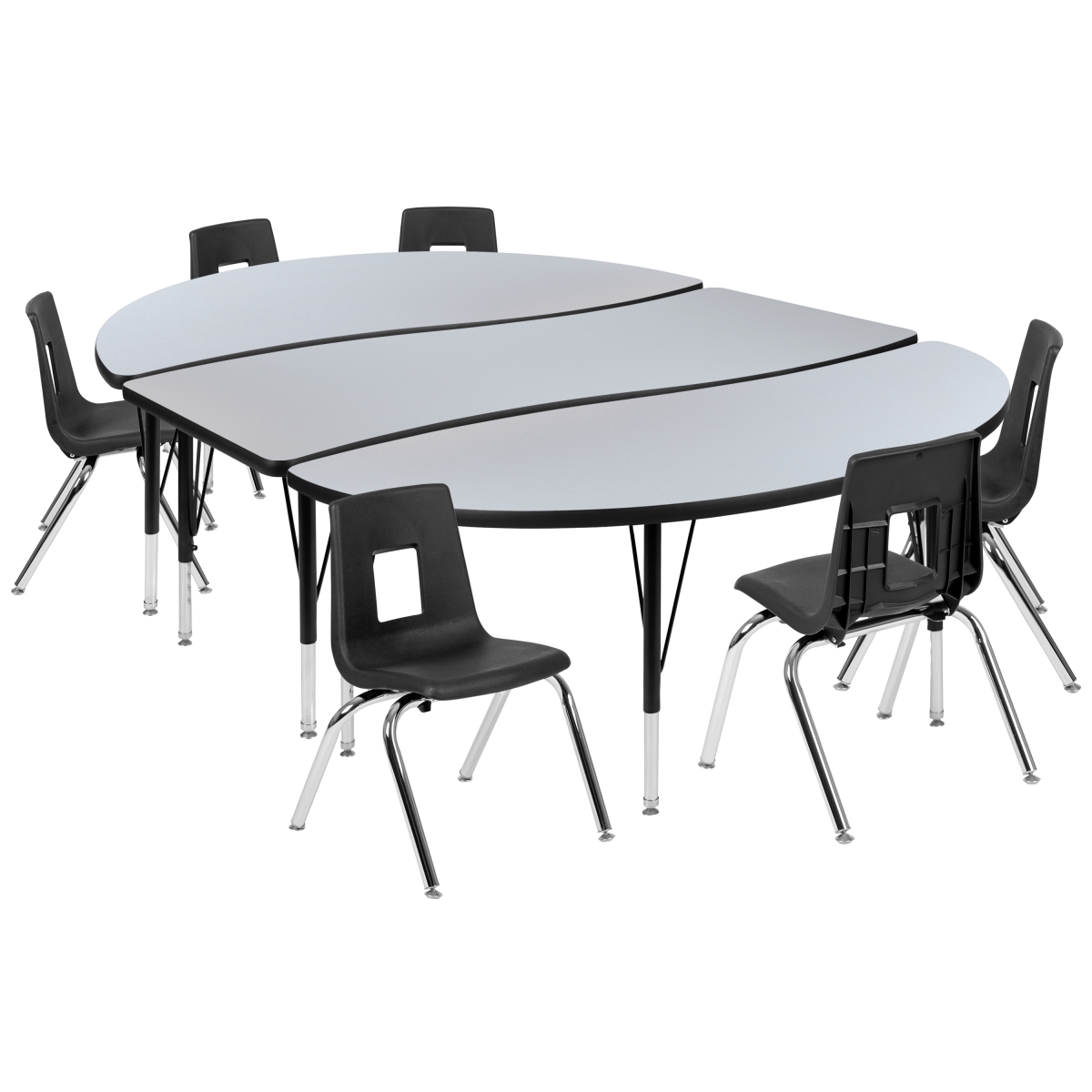 XU-GRP-14CH-A3060CON-60-GY-T-P-GG 86 in. Oval Wave Flexible Laminate Activity Table Set with 14 in. Student Stack Chairs, Grey & Black