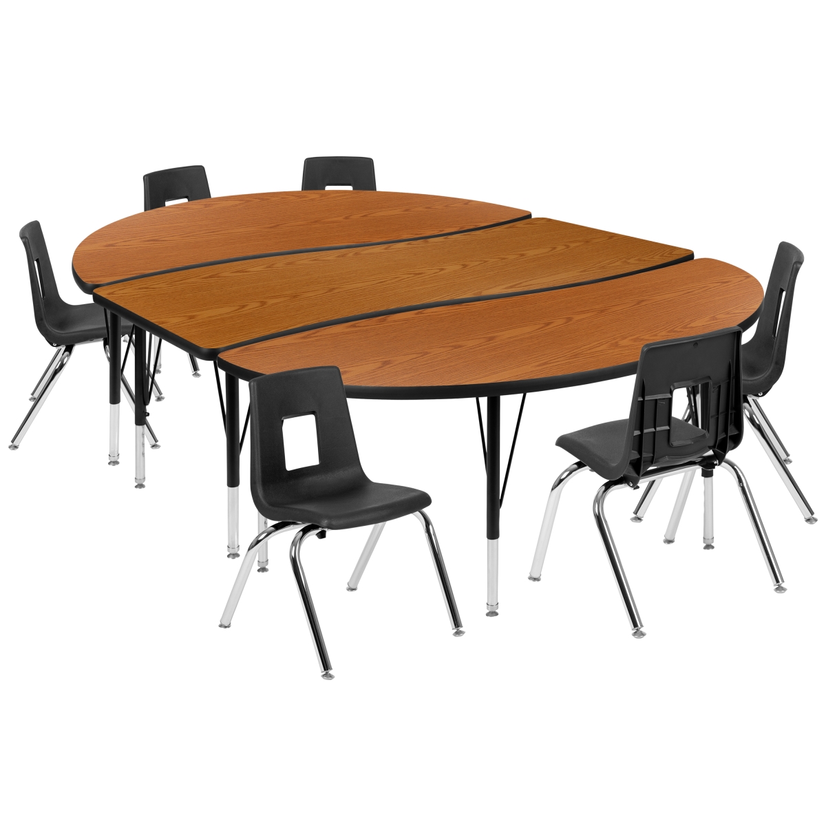 XU-GRP-14CH-A3060CON-60-OAK-T-P-GG 86 in. Oval Wave Flexible Laminate Activity Table Set with 14 in. Student Stack Chairs, Oak & Black
