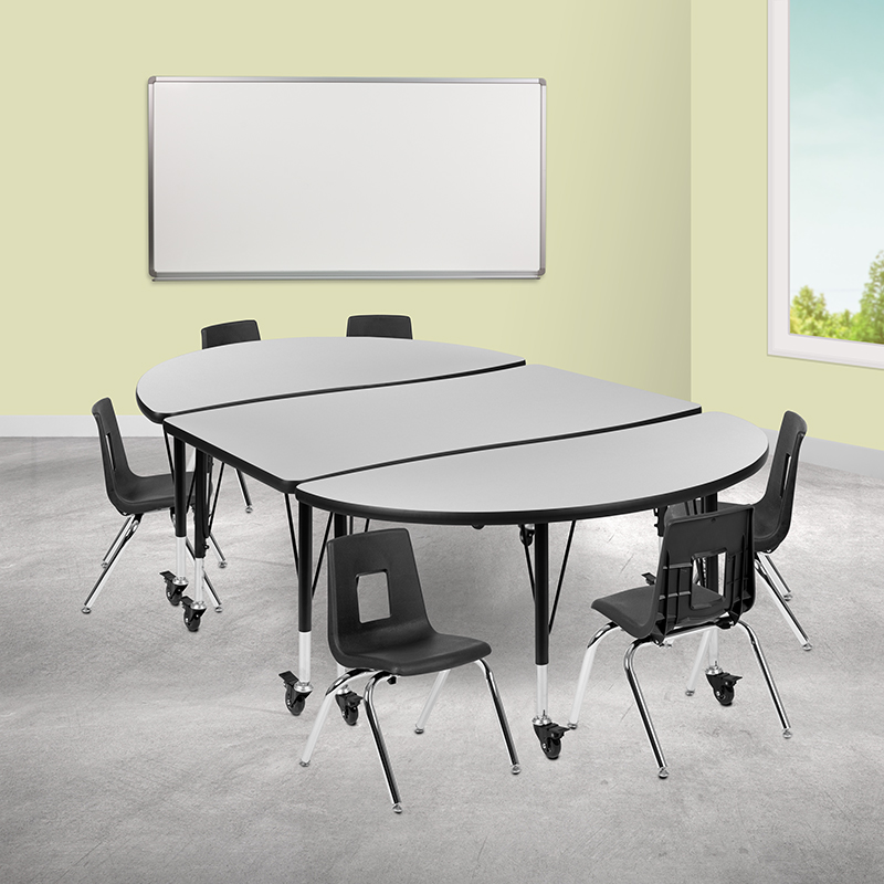 Picture of Flash Furniture XU-GRP-12CH-A3048CON-48-GY-T-P-CAS-GG 76 in. Mobile Oval Wave Flexible Laminate Activity Table Set with 12 in. Student Stack Chairs&#44; Grey & Black
