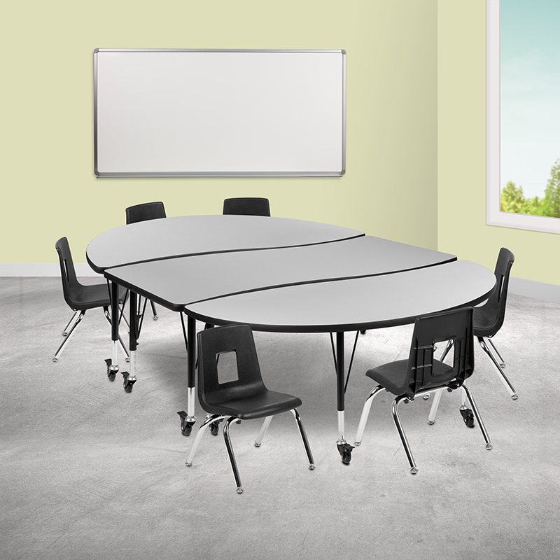 Picture of Flash Furniture XU-GRP-12CH-A3060CON-60-GY-T-P-CAS-GG 86 in. Mobile Oval Wave Flexible Laminate Activity Table Set with 12 in. Student Stack Chairs&#44; Grey & Black