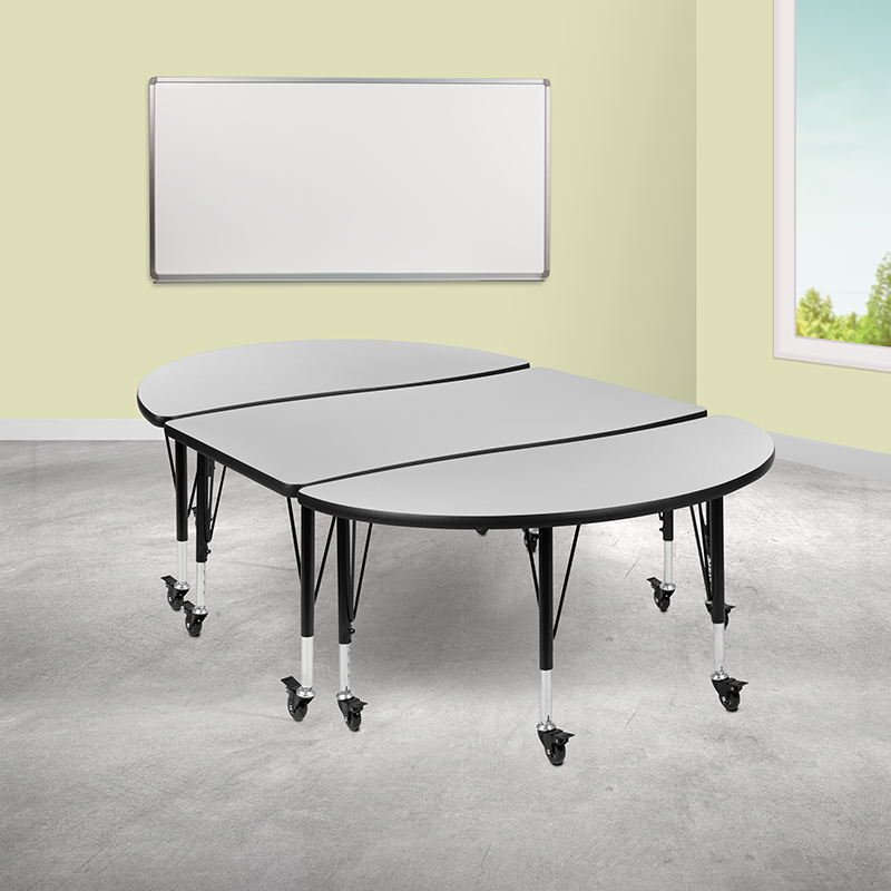 Picture of Flash Furniture XU-GRP-A3048CON-48-GY-T-P-CAS-GG 76 in. Mobile Oval Wave Flexible Thermal Laminate Activity Table Set with Height Adjustable Short Legs, Gray - 3 Piece