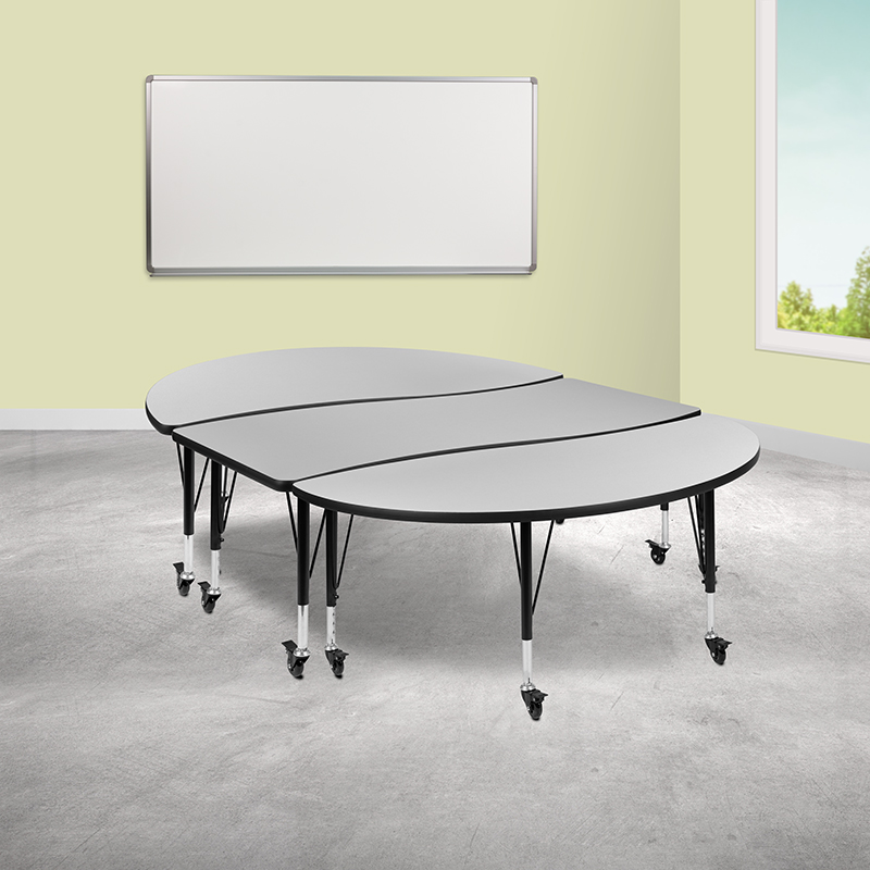 Picture of Flash Furniture XU-GRP-A3060CON-60-GY-T-P-CAS-GG 86 in. Mobile Oval Wave Flexible Thermal Laminate Activity Table Set with Height Adjustable Short Legs, Grey - 3 Piece