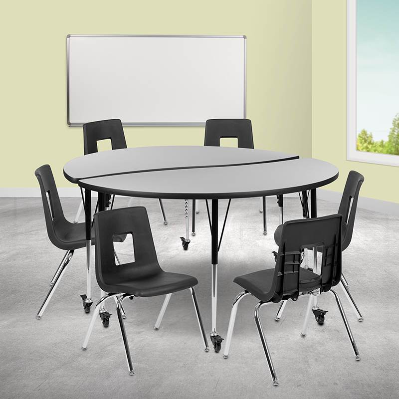 Picture of Flash Furniture XU-GRP-18CH-A60-HCIRC-GY-T-A-CAS-GG 60 in. Mobile Circle Wave Flexible Laminate Activity Table Set with 18 in. Student Stack Chairs&#44; Grey & Black