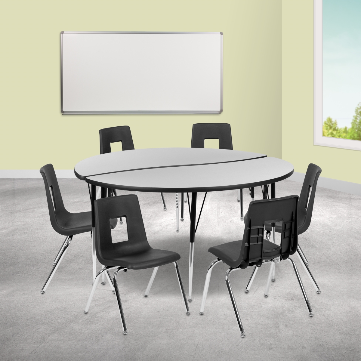 Picture of Flash Furniture XU-GRP-18CH-A60-HCIRC-GY-T-A-GG 60 in. Circle Wave Flexible Laminate Activity Table Set with 18 in. Student Stack Chairs&#44; Grey & Black