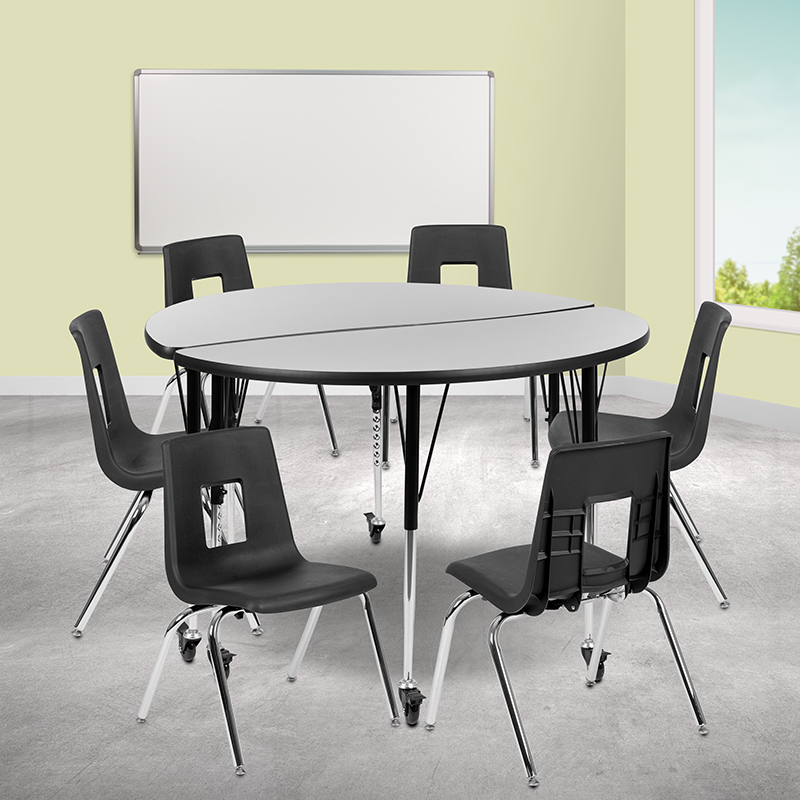 Picture of Flash Furniture XU-GRP-18CH-A48-HCIRC-GY-T-A-CAS-GG 47.5 in. Mobile Circle Wave Flexible Laminate Activity Table Set with 18 in. Student Stack Chairs&#44; Grey & Black