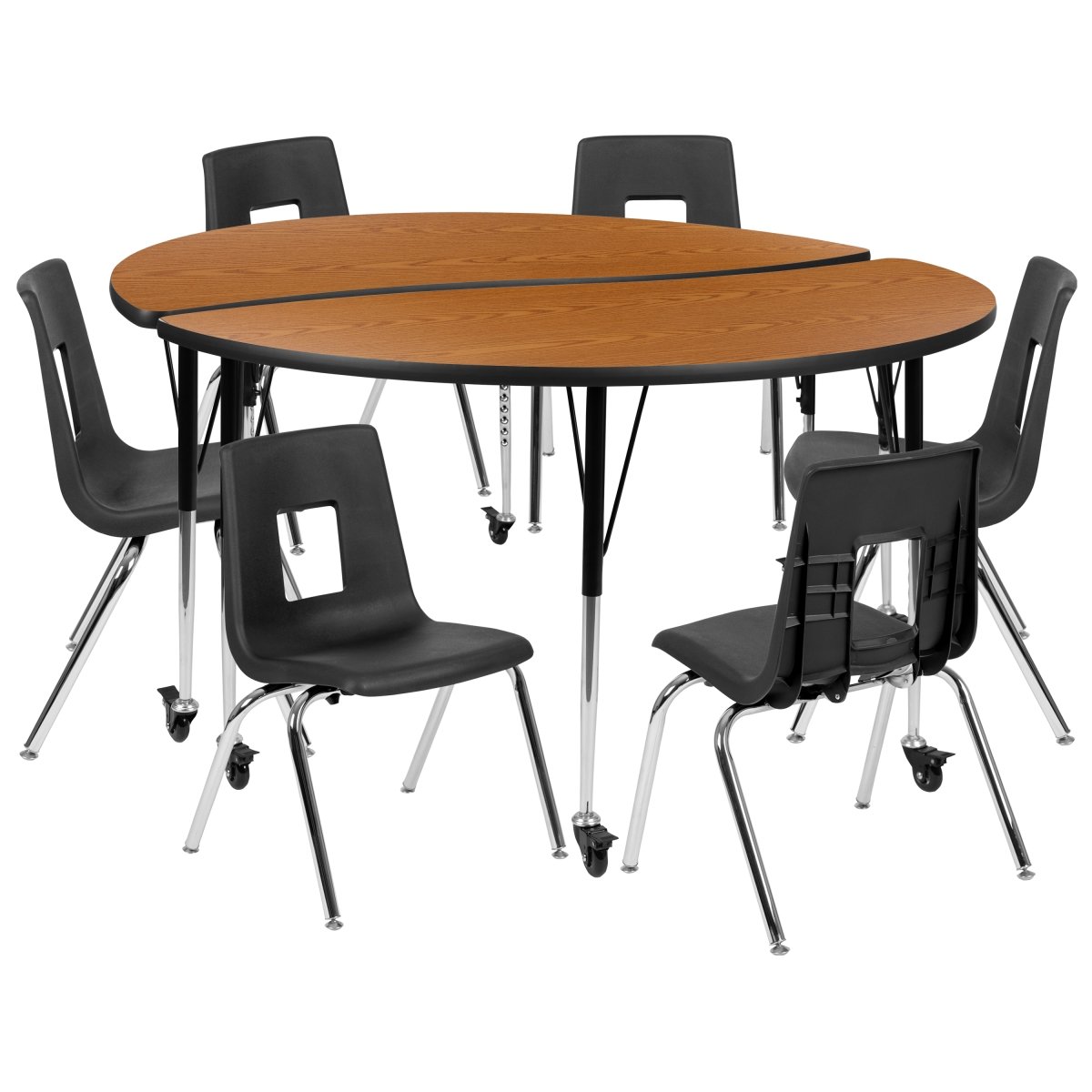 XU-GRP-16CH-A60-HCIRC-OAK-T-A-CAS-GG 60 in. Mobile Circle Wave Flexible Laminate Activity Table Set with 16 in. Student Stack Chairs, Oak & Black -  Flash Furniture