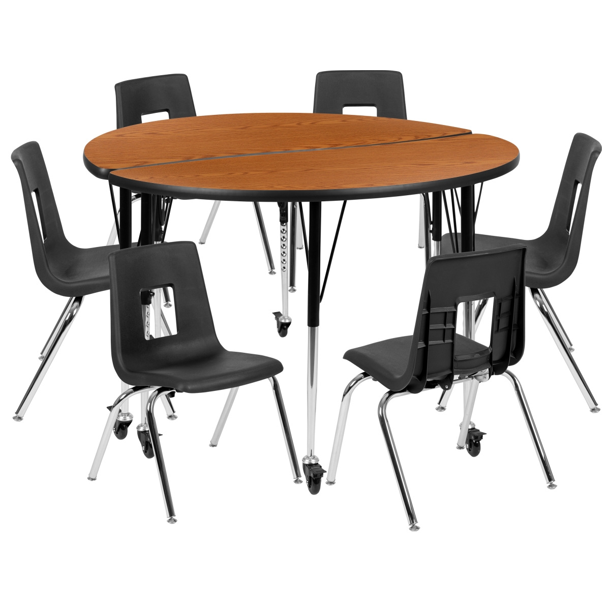 47.5 in. Mobile Circle Wave Flexible Laminate Activity Table Set with 16 in. Student Stack Chairs, Oak & Black
