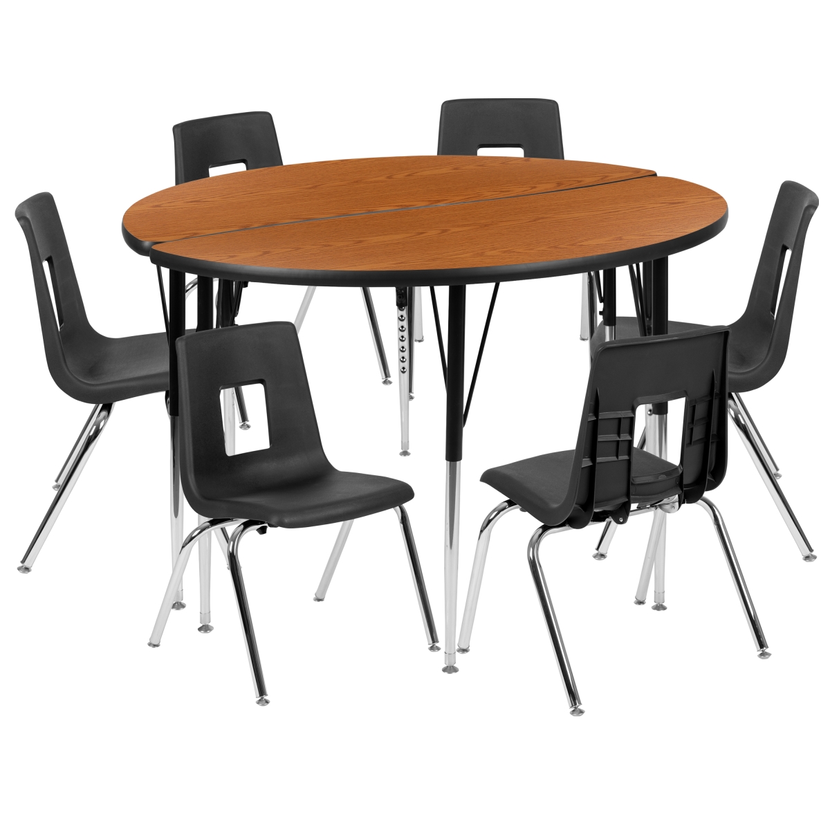 XU-GRP-16CH-A48-HCIRC-OAK-T-A-GG 47.5 in. Circle Wave Flexible Laminate Activity Table Set with 16 in. Student Stack Chairs, Oak & Black