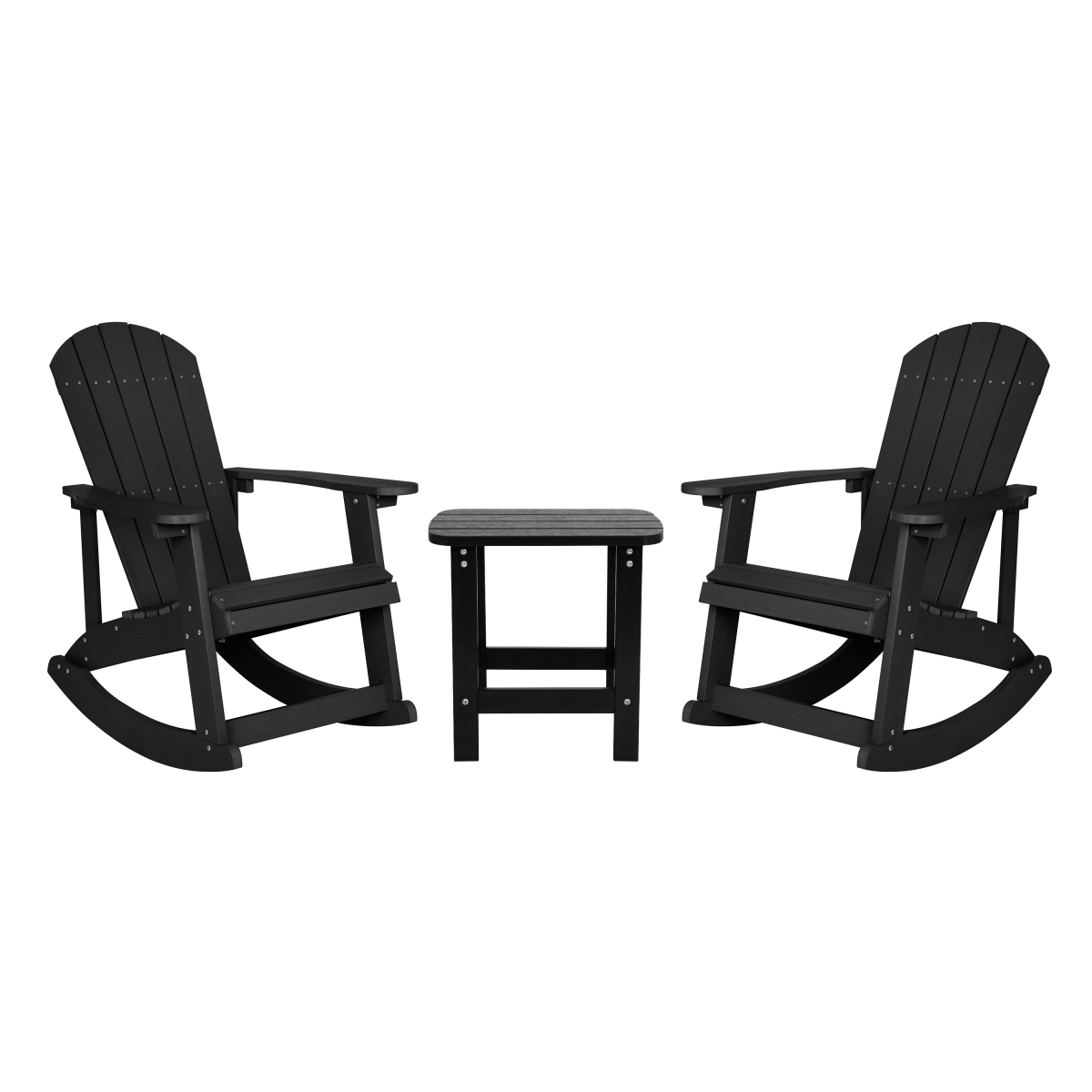 JJ-C14705-2-T14001-BK-GG Savannah All-Weather Poly Resin Wood Adirondack Rocking Chairs with Side Table, Black - Set of 2 -  Flash Furniture