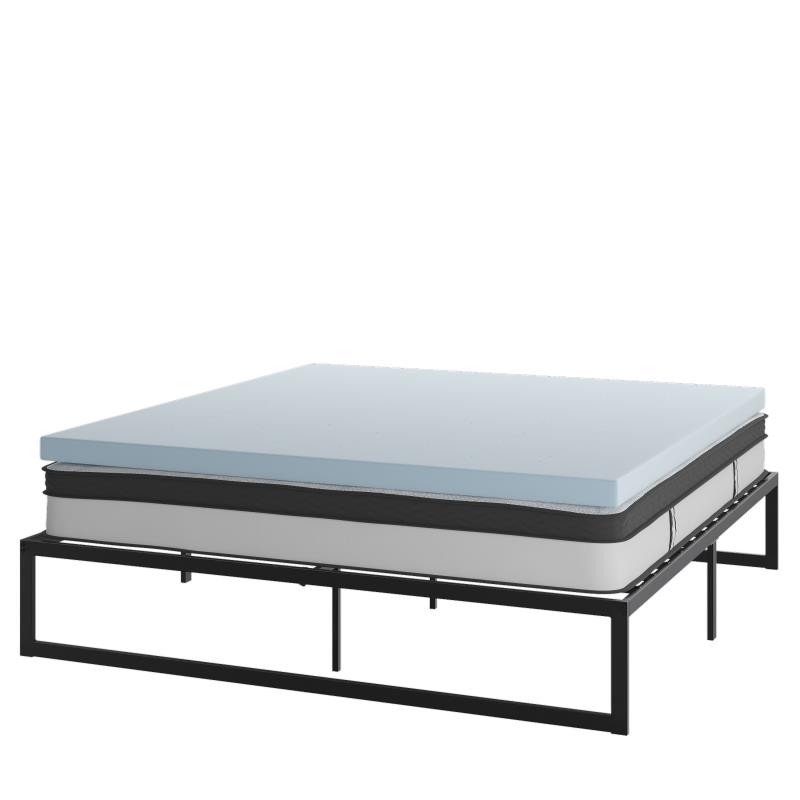 14 in. Leo Metal Platform Bed Frame with 10 in. Pocket Spring Mattress & 2 in. Cool Gel Memory Foam Topper, Black - King Size -  Flash Furniture, XU-BD10-10PSM2M35-K-GG