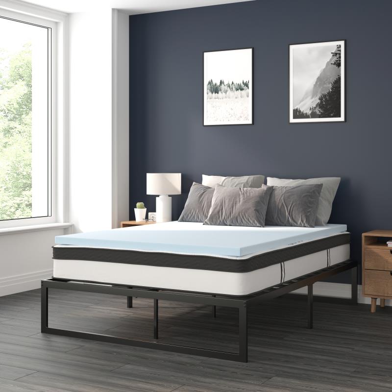 XU-BD10-10PSM2M35-Q-GG 14 in. Metal Platform Queen Bed Frame with 10 in. Pocket Spring Mattress in a Box & 2 in. Cool Gel Memory Foam Topper -  Flash Furniture