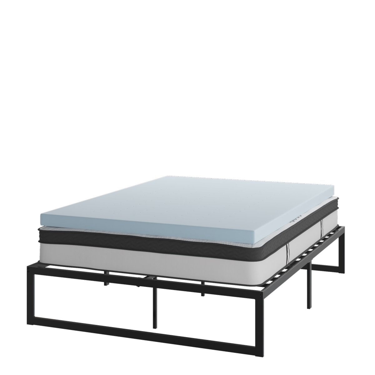 14 in. Metal Platform Bed Frame with 10 in. Pocket Spring Mattress In A Box & 3 in. Cool Gel Memory Foam Topper, Black - Queen Size -  Flash Furniture, XU-BD10-10PSM3M35-Q-GG