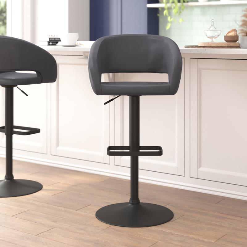Erik Contemporary Vinyl Adjustable Height Barstool with Rounded Mid-Back & Black Base, Gray