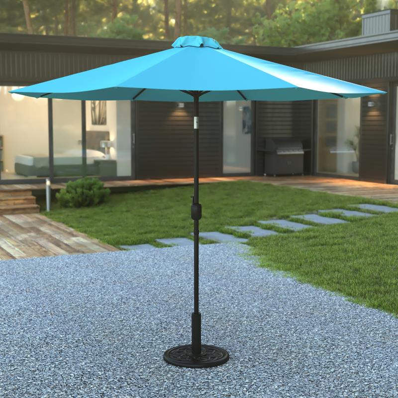 GM-402003-UB19B-TL-GG 9 ft. Sunny Round Umbrella with Crank, Tilt Function & Standing Umbrella Base, Teal