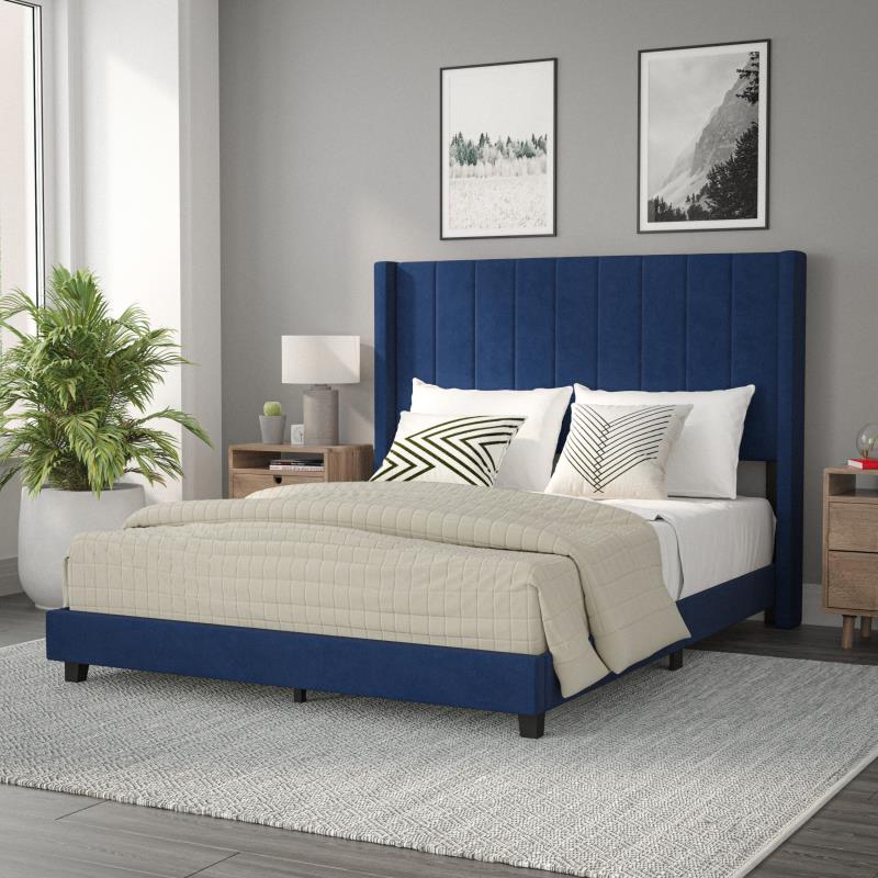 Bianca Queen Size Upholstered Platform Bed with Vertical Stitched Wingback Headboard, Slatted Mattress Foundation, No Box Spring Needed, Navy Velvet -  Flash Furniture, YK-1079-NAVY-Q-GG