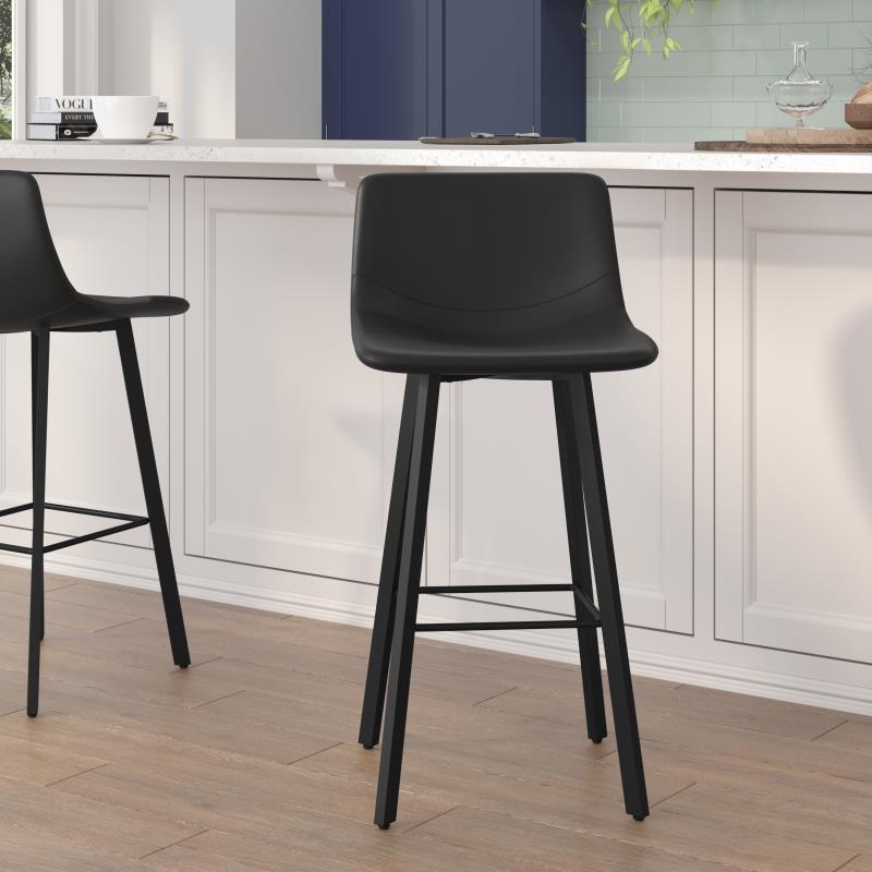 30 in. Caleb Modern Armless Bar Height Commercial Grade Barstools with Footrests in Leather Soft & Black Matte Iron Frames, Black - Set of 2