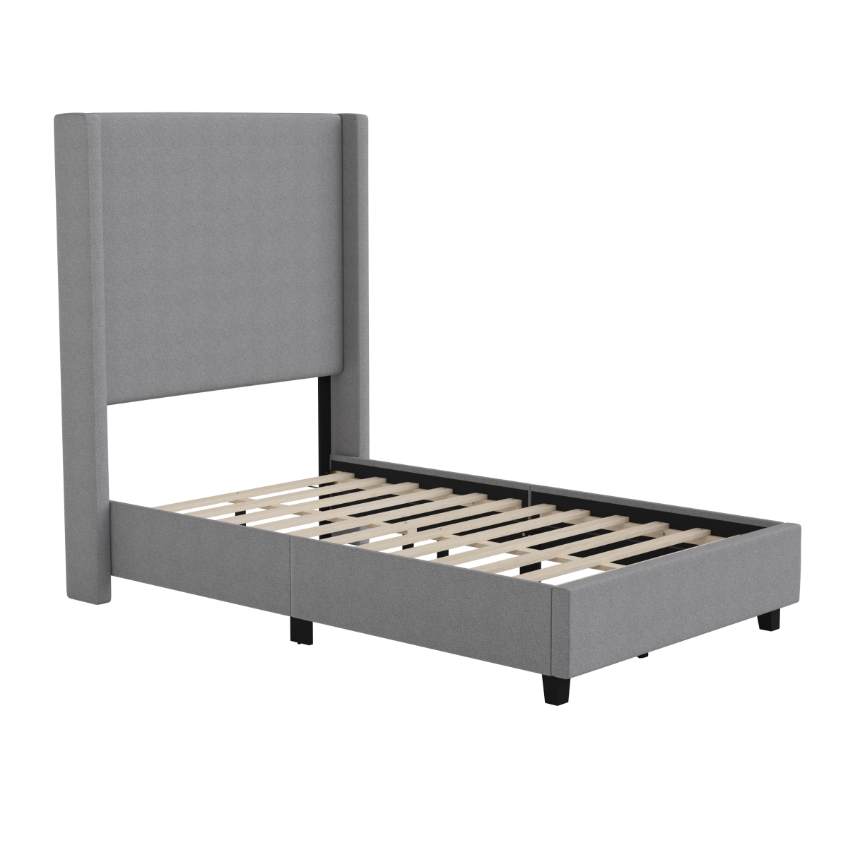 YK-1077-GY-T-GG Quinn Twin Size Upholstered Platform Bed with Channel Stitched Wingback Headboard, Grey -  Flash Furniture