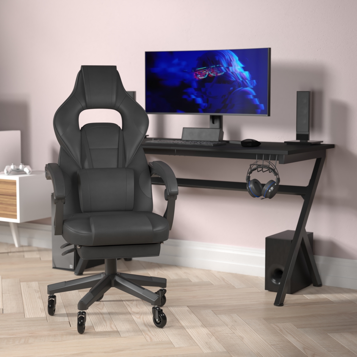 CH-00288-BK-BK-RLB-GG X40 Gaming Racing Computer Chair with Fully Reclining Back & Arms Transparent Roller Wheels, Slide-Out Footrest, Black