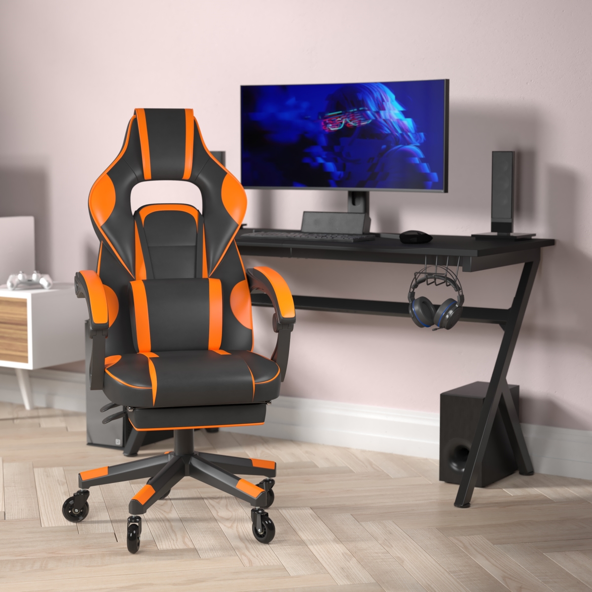 Picture of Flash Furniture CH-00288-OR-RLB-GG X40 Computer Racing Gaming Chair with Fully Reclining Back&#44; Arms & Transparent Roller Wheels&#44; Black & Orange