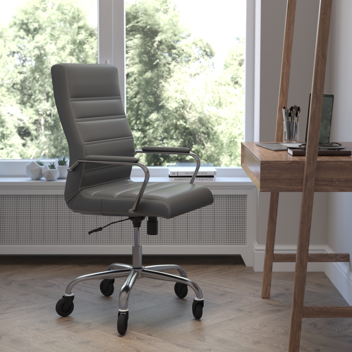 GO-2286H-GR-RLB-GG Whitney High Back Leather Soft with Chrome Frame, Arms & Transparent Roller Wheels Executive Swivel Office Chair, Gray