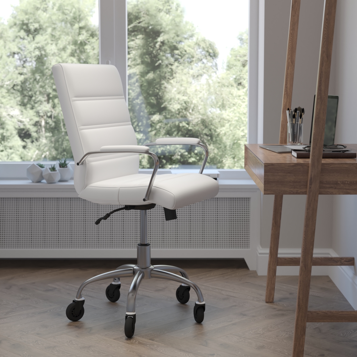 GO-2286M-WH-RLB-GG Camilia Mid-Back Leather Soft with Chrome Frame, Arms & Transparent Roller Wheels Executive Swivel Office Chair, White