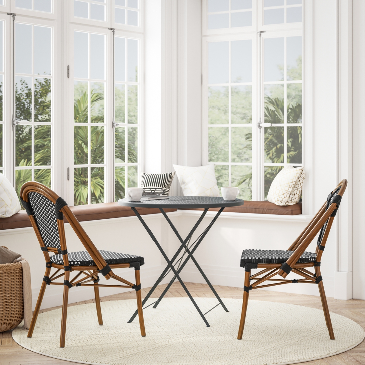 Picture of Flash Furniture 2-SDA-AD642001-BKWH-NAT-GG Bordeaux Indoor & Outdoor Commercial French Bistro Stacking Chairs&#44; Black & White PE Rattan Back & Seat&#44; Bamboo Print Aluminum Frame in Natural - Set of 2